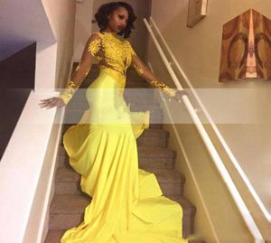 2017 Pretty Yellow African Lace Appliqued South African Prom Dress Syrenca Bankiet Long Rękaw Evening Party Suknia na zamówienie Plus7263738