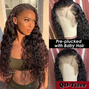 Pre Plucked Natural Long Loose Curly Wave Synthetic spets Front värmebeständig fiber mjuk 10% mänskliga hår peruker svarta kvinnor