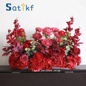 Decorative Flowers Red Rose Hydrangea Large Flower Ball Artificial Green Plants Row Wedding Backdrop Decor Floral Wall Party Props
