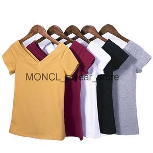 Kvinnors t-shirt wwenn 2024 Summer Womens T-shirt Hög V-Neck 5 Candy Color Pure Cotton Solid Short Sleeved Top H240416