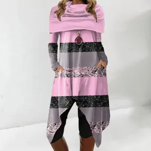 カジュアルドレス女性ミッドレングススウェットシャツカラーブロックデジタルプリントショールカラーレディースミディドレス不規則な裾のポケット長いスカーフ