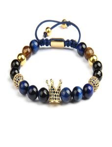 Braccialetti di uomini della corona blu CZ integrali da 8 mm per perle di pietra per occhi tigre naturale con perle in acciaio inossidabile6577161