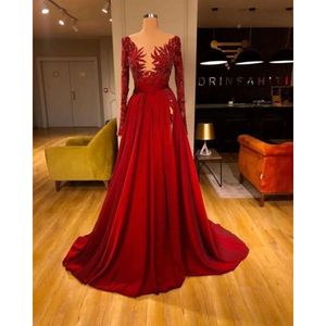 Vintage Dark Red Sleeve Evening Dresses A Line Sheer Neck Appliques Beads Split Long Satin Party Ocn Gowns Prom Dress Formal BC