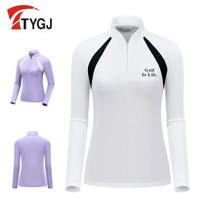 Ttygj Frauen elastischer Schnelles trockenes Golfhemd Ladies Patchwork Langarm Tops Slim Reißverschlusskragen T -Shirt Sport Kleidung 240416