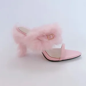 Dress Shoes Plush High Heels Slippers Women Pointed Toe Pink Yellow Feather Stiletto Lady Elegant Wedding Belt Buckle Sandals