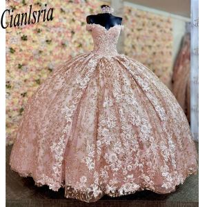 Glitter Pink Quinceanera Dress V-ringning från axelapplikationerna spetsade utskuren pärlor för 15 flickor boll formella klänningar