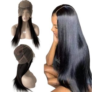 24 inç 12a Hint bakire insan saçı doğal renk 4x4 ipek üst tam dantel peruk siyah kadın