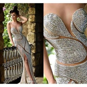 NY BLING RAMI SALAMOUN Split aftonklänningar Illusion Neck Sheer Major Beading Crystal Sheath Sheer kjol Celebrity Party Prom klänningar