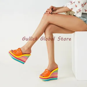 Slippers 2024 Arrival Rainbow Waved Peep Toe Wedges Round Slides Summer Candy Colors Comfotable Breathable Casual Soft