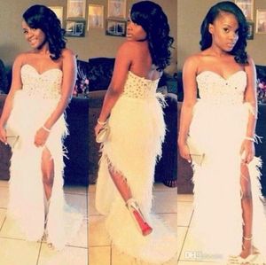 African White Fur Prom Dresses Feather Side Split Evening Gowns Strapless 8th grade graduation dresses Rhinestone Prom Gown Homeco2817833