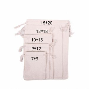 100pcs/lot Natural Cott Bags 7x9 9x12 10x15 13x18 15x20cm Drawstring Gift Pouches Home Storage Sacks Packing Bag Custom Logo a7nW#