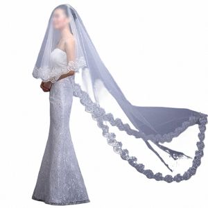 Kvinnor White Wedding Veil 3m LG broderad blommig spetsskammad kant Brudkatedral 1 lager Party J5DN#