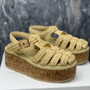 Raffia Monolith Platform Gladiator Rubber Sandals Triangle Logo Crochet Cage Shoes Women Luxury County Cankle Strap