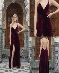 Bourgogne prom klänning sammet spaghetti sexiga aftonklänningar tillbaka criss cross front split skräddarsydd golvlängd formell festklänningar8898825