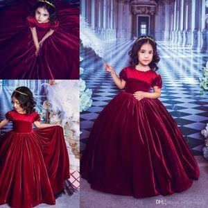 Prenses Güzel Ucuz Basit Basit Koyu Kırmızı Veet Balo Elbise Çiçek Kızlar Kısa Kabarık Kollu Düğün Elbiseleri Doğum Gibi Çocuk Elbise