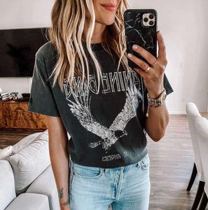 Super Chic Summer Round Neck Pullover Cotton Womens T-shirt Black Bing Eagle Print Tee ZA 1125ESS