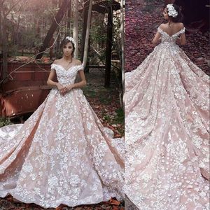 Pink Off Blush Shoulder Ball Gown Wedding Dresses Lace Appliques Beads 3D Flowers Long Cathedral Train Princess Formal Bridal Gowns S