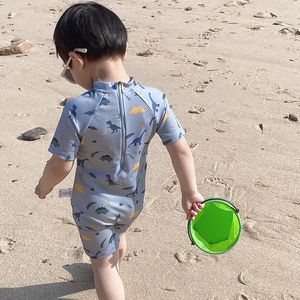 Summer Kids One Piece Swimsuit Baby Boys Short Sleeve Sunscreen Cartoon Dinosaur Surfing Suit Swimwear Toddler Bathing 240416