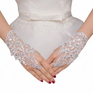 1PAIR Białe/czerwone rękawiczki ślubne Eleganckie krótkie akapit Rhineste Lace Rękawica Palce Mittes Wedding Acries E3IP#