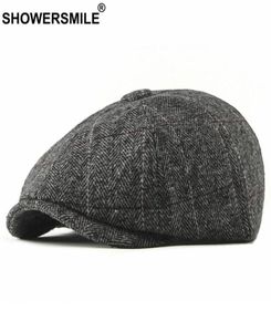 Sboy Hats Sboy Shower Tweed Cap Men Wool HerringBone Flat Winter Grey Randig Male British Style Gatsby Hat Justerbar1683195