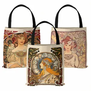 Mucha -Serie Digital bedruckte Leinwand Tasche Open Einkaufstasche Handtasche Retro Canvas Shop -Tasche E1QJ#