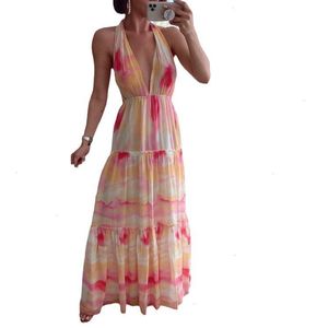 夏の女性グラデーションディープVマルチロープホルターステッチ不規則なプリントドレス