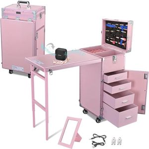 Rolling Manicure Table Foldable Nail Makeup Train Case with Desk Cosmetic Trolley Travel Storage Organizer 240416