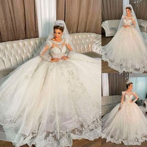 Ball Arabi Princess Suknia ślubna Dubai Jewel Neck Długie rękawy cekiny koronkowe aplikacje koraliki puszyste sukienki ślubne S.