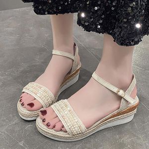 Slippers For Women Sandals Closed Toe Ladies Summer Retro Colour Blocking Bohemian Style Woven Thick Bottom Slope With Large Arch
