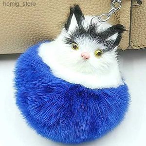 Plush Keychains Cute Cat Head Fur Ball Plush Keychain Women Girls Kitty Doll Cartoon Pendant Key Rings Car Bag Keyring Holder Ornament Accessory Y240415