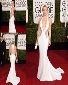 Kate Hudson Sexy Celebrity Dresses 2015 72nd Golden Globe Awards White Mermaid Satin Abito da sera con tappeto rosso senza schienale C5140795