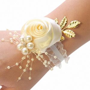 bridesmaid Faux Rose Bracelet Wedding Wrist Corsage Polyester Ribb Pearl Bow Bridal Gifts Hand Frs Party Prom Accories y6bD#