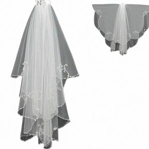 Beaded Edge Wedding Veils Billiga 2023 med Comb Two Layer Tulle -paljetter Pärlor Brudslöja Vit elfenben Bröllop Accores S8RZ#