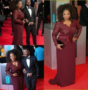 Oprah Winfrey Burgundy Long Sleeves Sexy Mother of the Bride Dresses VNeck Sheer Lace Sheath Plus Size Celebrity Red Carpet Gowns1522204