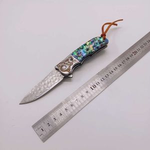Damascus Steel Outdoor Self Defense Folding Colored Shell Sour Branch Wooden Handle Sharp Small Knife