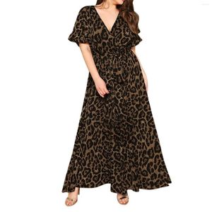 فساتين غير رسمية نساء فستان Maxi Leopard بالإضافة إلى حجم عميق V الرقبة الطويلة عالية الخصر بيرد كشكش البرج
