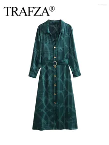 Casual Dresses TRAFZA 2024 Belt Green Print Shirt Dress Woman Long Sleeve Autumn For Women Button Up Midi