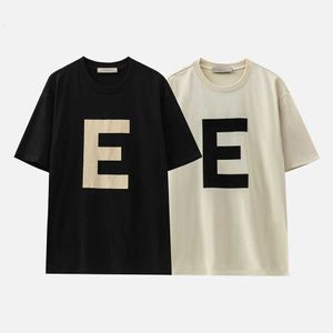 Letter Fog e Flocking Printed Large Round Neck Short Sleeve Mens and Womens Youth Sports T-shirt