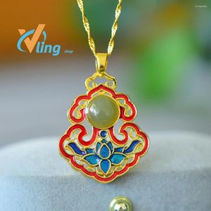 Pendant Necklaces Copper Inlaid An Jade Auspicious Flower Enamel Color Women's Temperament Gold Collar Necklace Jewelry