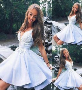 2021 Graduation Light Sky Blue Homecoming Dress Red Cute V Neck Lace Short Prom Party Dresses2606657