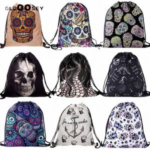 Impressão 3D Prawtring Bag Canvas Draw Bag Scull Skull Octopus Pattern