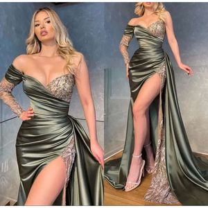 Sexy Backless Open Back Zipper Satin Prom Party Dress With Sequins Beadings High Split Long Floor Length Bodycon Padded Stretch Evening Dresses NEW