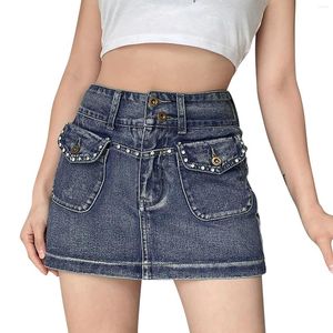 Skirts Women's Denim Cargo Patchwork Washed Button Down A Line Mini Skirt Summer Y2k Fashion Rhinestone Wrapped