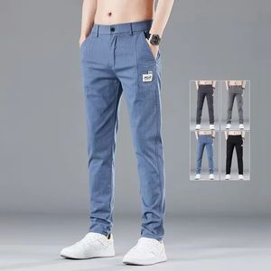 Spring Summer Elastic Waist Design Mens Thin Casual Pants Korean Fashion Cotton Stretch Business Trousers Male Grey Blue 240415