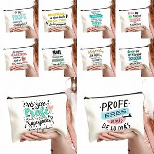 Spanska tryckt sminkpåse Pencil Case Teacher Life School Statiery levererar förvaringspåsar Travel Makeup W Organizer Gift A2GG#