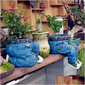 Planters Pots Creative Jeans Shape Resin Flower Pot Pastoral Cement Denim Potted Plant Garden Crafts Decor Art Balcony Figurines D Dhy45