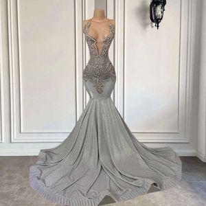 Silver Long Prom Dress Sexy Mermaid Fitted Sheer Neck Luxury Sparkly Diamond Black Girls Evening Formal Gala Gowns Vestidos Feast Robe De Soiree
