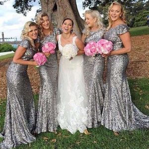 Sier Nedime Elbiseleri Düğünler İçin Denizkızı Mücevher Boyun Kısa Kollu Sekanslı Dantel Pullar Artı Boyut Uzun Resmi Hizmet Edin Honows Düğün Konuk Giyim Mal