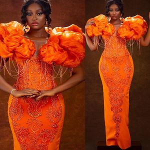 2024 Aso Ebi Orange Sheath Prom Dress Lace Beaded Crystals Evening Formal Party Second Reception 50th Birthday Engagement Gowns Dresses Robe De Soiree ZJ327