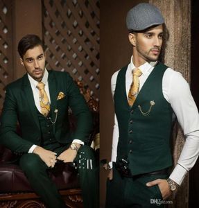 2016 New Arrivals One Button Dark Green Groom Tuxedos Peak Lapel Groomsmen Man Wedding Prom Dinner Suits JacketPantsvestt5415649